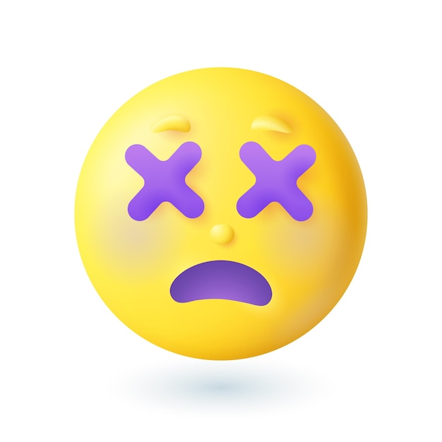 3d cartoon style sad emoticon with crossed eyes icon. Confused yellow dizzy or sick face on white background flat vector illustration. Emotion, expression, feeling concept