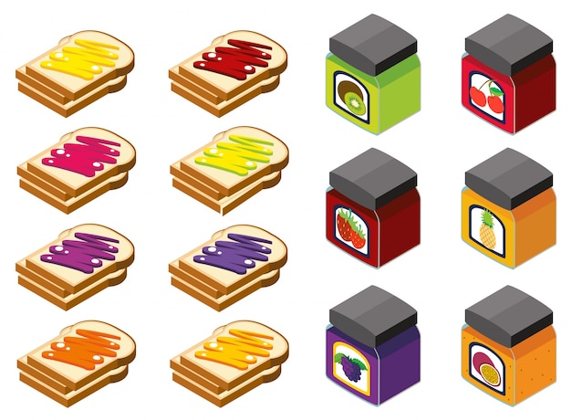 Free Vector 3d design for bread and different flavors of jam