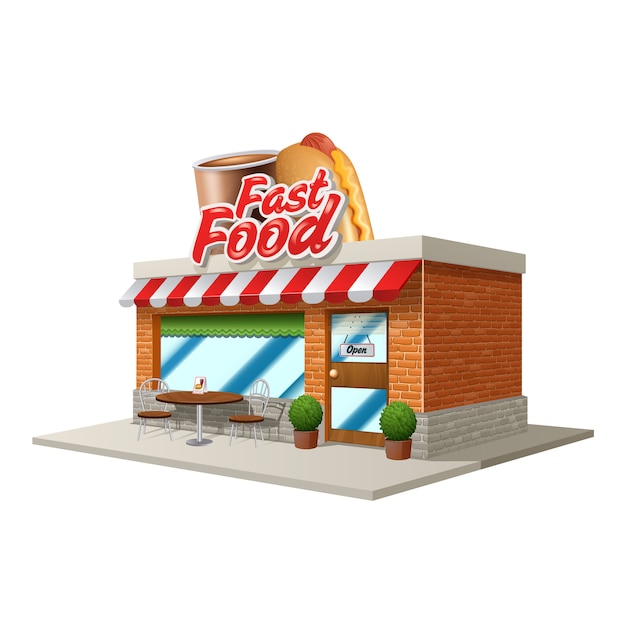 Free Vector 3d fast food restaurant or cafe building isolated on white background 