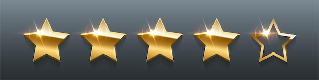 3d five rating gold stars 5 realistic golden metal badges with bright light effect