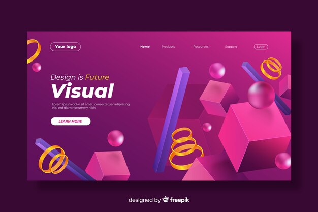 3d geometric shapes mixture landing page