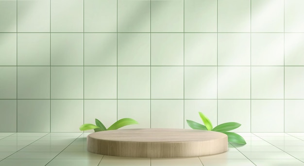 Free Vector 3d green kitchen tile wall with wood podium scene vector background product display pedestal in empty studio with light from window eco natural showcase mockup presentation with plant leaves