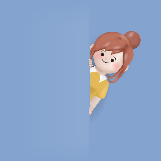 3d illustration cartoon young woman behind the wall character