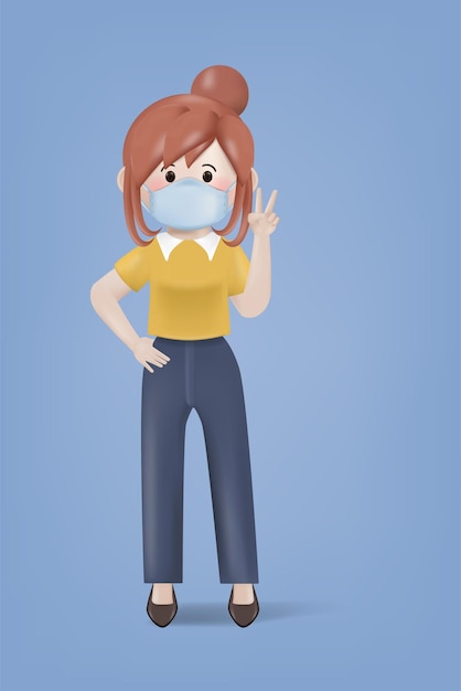 Free Vector 3d illustration cartoon young woman wearing a medical face mask to protection from covid19