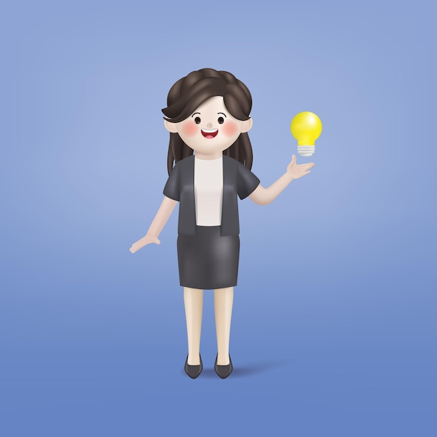 3d illustration vector cute businesswoman get idea with light bulb symbol 3d vector cartoon design