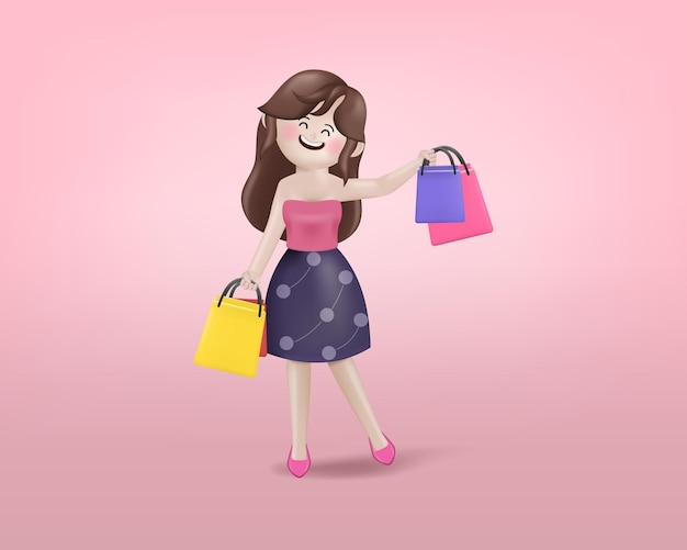 Free Vector 3d illustration vector cute happy woman shopping with many shopping bags