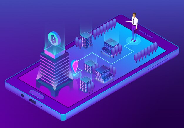 3d isometric concept with bitcoin mining