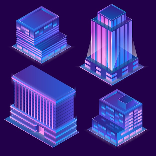 Free Vector 3d isometric modern buildings in cartoon style with neon illumination. 