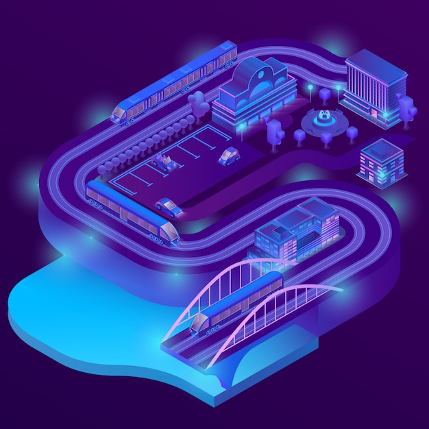 Free Vector 3d isometric railway station, roads infrastructure