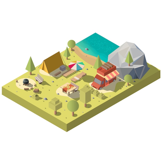 3d isometric territory for camping, recreation