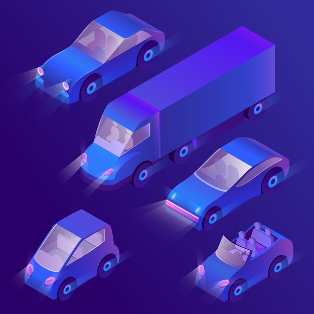 3d isometric violet cars with headlights