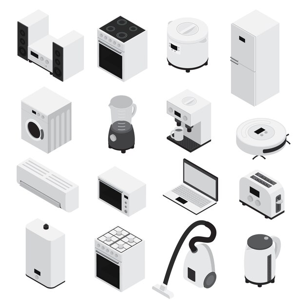 3d isometrics home appliances icon set small household appliances and large white and isolated