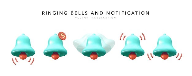 Free Vector 3d notification bell icon set isolated on white. render ringing bell with new notification for social media reminder.