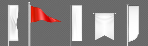 Free vector 3d pennant white and red flag banner vector mockup wave fabric sign on pole realistic triangle canvas set for sport event or celebration exhibition promotion cotton billboard on steel stick