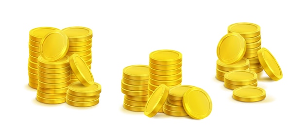 3D piles of golden coins on white background