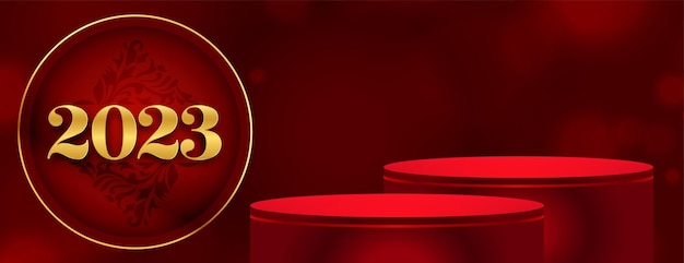 Free Vector 3d podium platform on 2023 new year red banner