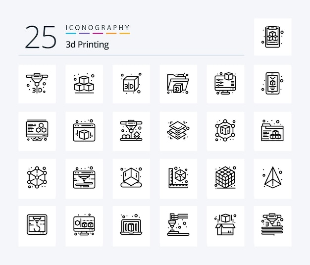 Free Vector 3d printing 25 line icon pack including smartphone mobile folder 3d preview