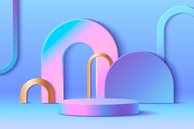 3d product podium in blue holographic studio bg