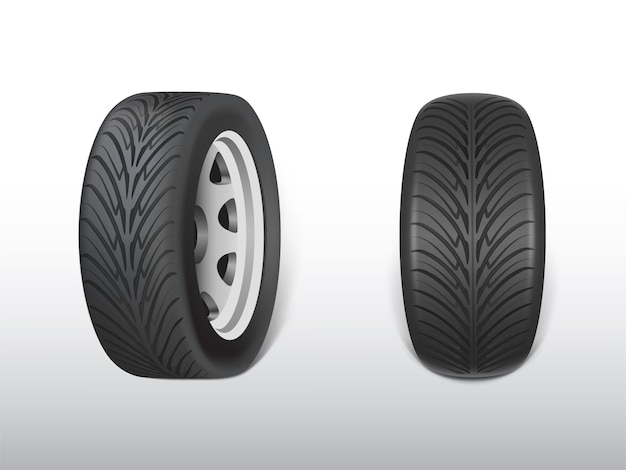 Free Vector 3d realistic black tyre, shining steel and rubber wheel for car, automobile.