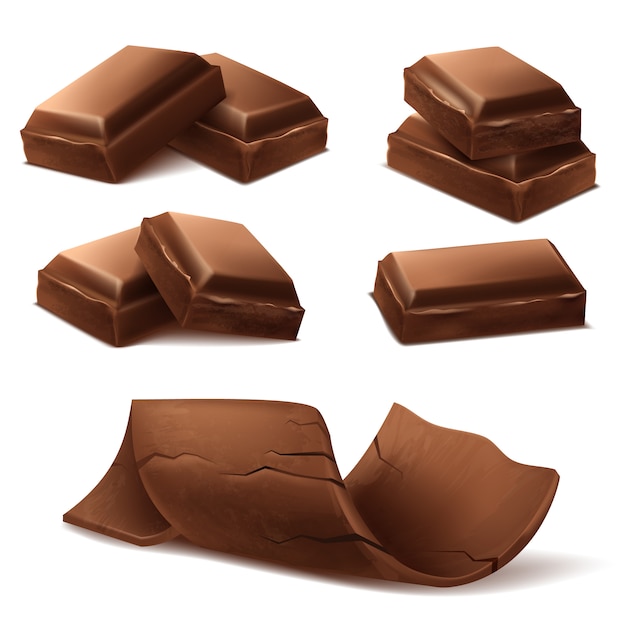 3d realistic chocolate pieces. Brown delicious bars and chocolate shavings f