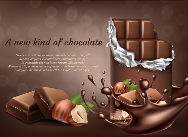 3d realistic chocolate with hazelnut ad poster, banner with liquid splashing drops. 