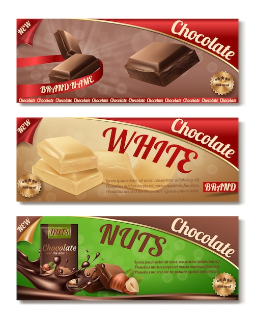 Free Vector 3d realistic collection of chocolate packaging. horizontal labels of tasty product with nuts