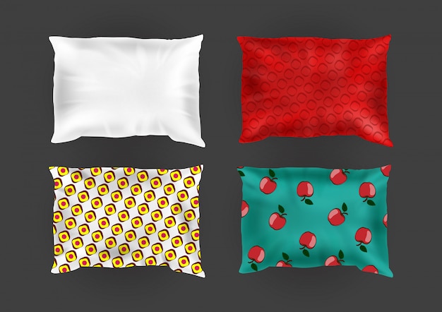 Free Vector 3d realistic comfortable square pillows in bright pillowcases, different patterns on silk