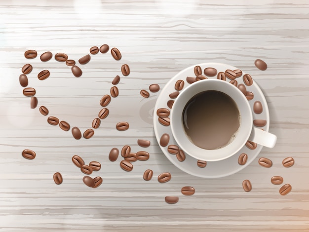 Free Vector 3d realistic cup of coffee on the saucer isolated on wooden table. beans in love shape. 