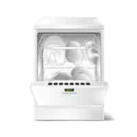 Free vector 3d realistic dishwasher with open, closed door. digital display on dishwashing machine