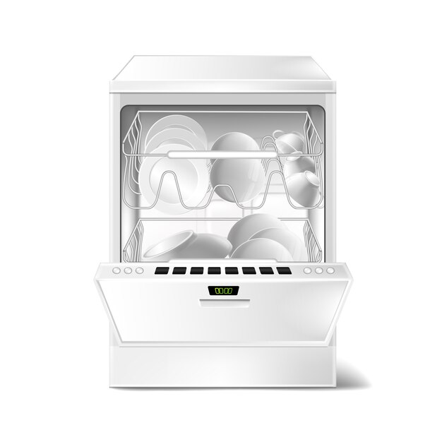 3d realistic dishwasher with open, closed door. Digital display on dishwashing machine 