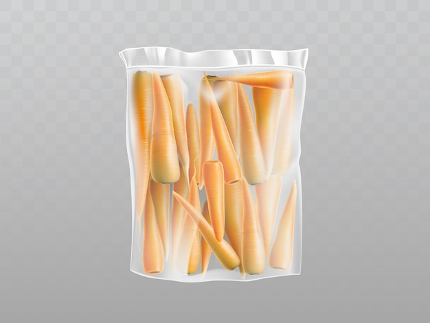 Free Vector 3d realistic fresh carrots in plastic packing. transparent wrapping with orange vegetable