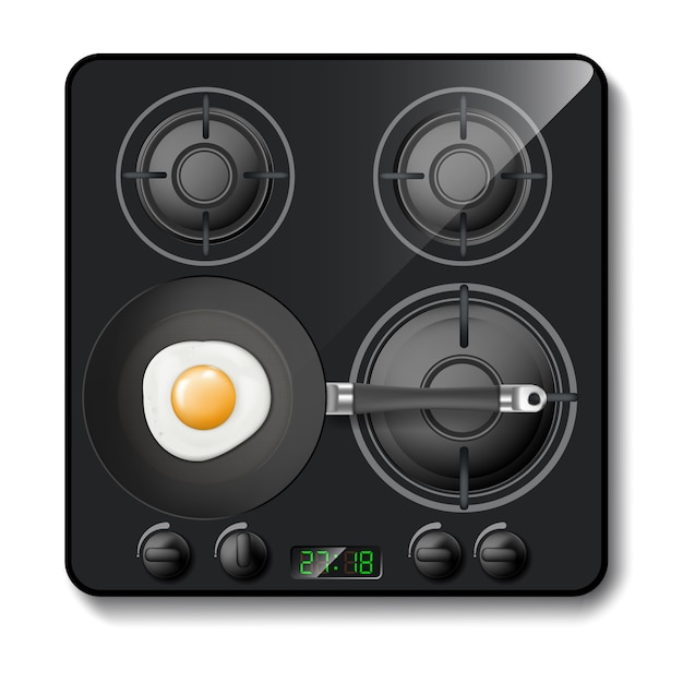 Free vector 3d realistic gas stove, black cooktop, hob with four circle burners