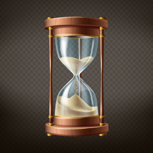 Free vector 3d realistic hourglass with running sand inside, isolated on dark transparent background.