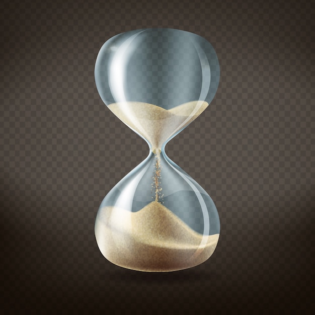 Free Vector 3d realistic hourglass with running sand inside, isolated on dark transparent background. 