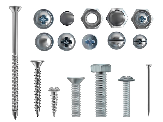 3d realistic illustration of stainless steel bolts, nails and screws on white background. 