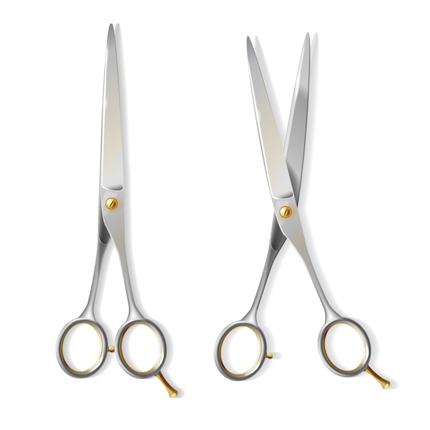 3d realistic metallic scissors with copper screw for hairdresser. Shining steel of blades