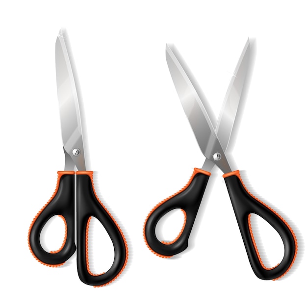 3d realistic metallic scissors with rubber handle. Shining steel of blades, office stationery