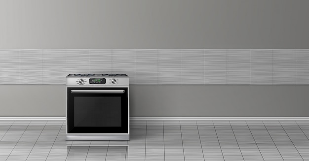 3d realistic mock up with modern silver steel stove isolated on gray tile wall. 