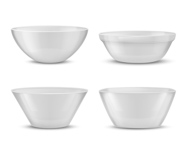 3d realistic porcelain tableware, white glass dishes for different food. 