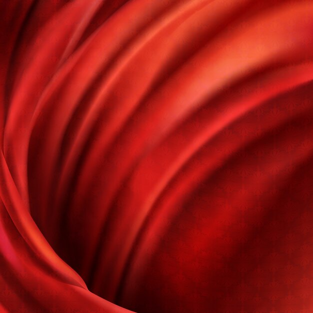 3d realistic red fabric background. Flowing satin cloth decoration, luxury fashion material. 