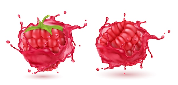 Free Vector 3d realistic ripe raspberries in splashing red juice. sweet food with splashes, drops isolated