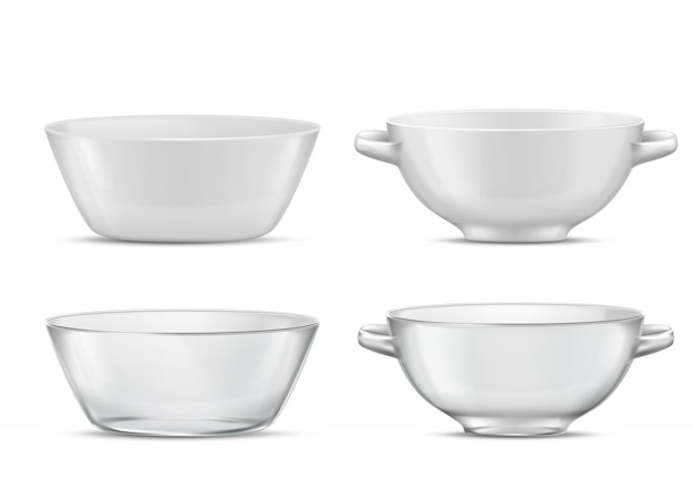 3d realistic set transparent tableware or white porcelain tureens with handles Glass or china