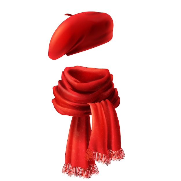 3d realistic silk red scarf and headwear - french hat, beret. Knitted fabric cloth