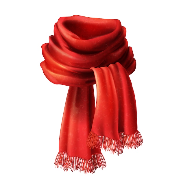 Free Vector 3d realistic silk red scarf. knitted fabric cloth, alpaca wool for winter