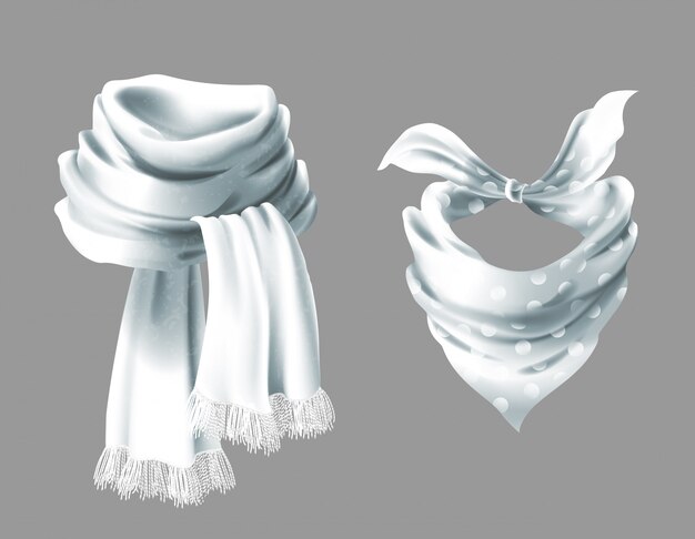 3d realistic silk white scarf. Fabric cloth of dotted neckerchief. 