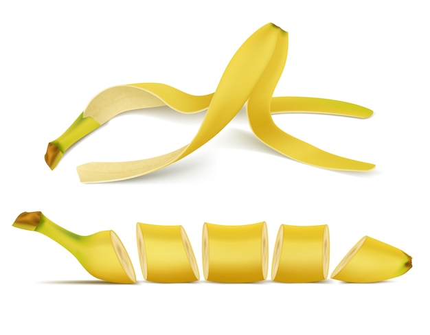 3d realistic tropical banana pile with slices. Yellow exotic sweet fruit 