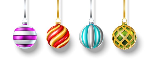 3d realistic vector Christmas balls hanging on the white wall