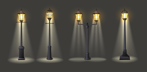 Free Vector 3d realistic vector icon illustration street lamps with light on dark background