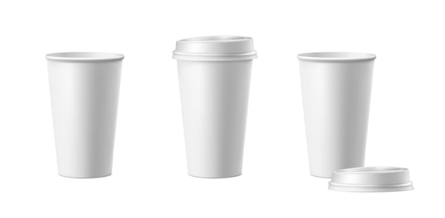 Free Vector 3d realistic vector icon illustration white paper coffee cups with and withuot lid