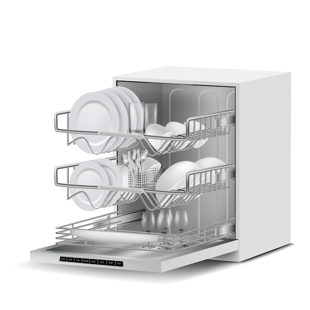 Free Vector 3d realistic white dishwasher machine with three metal racks, filled with clean plates, glass